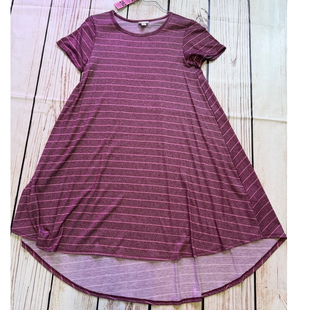LuLaRoe Carly Dress Womens XS Purple Pink Striped High Low Short Sleeve Swing